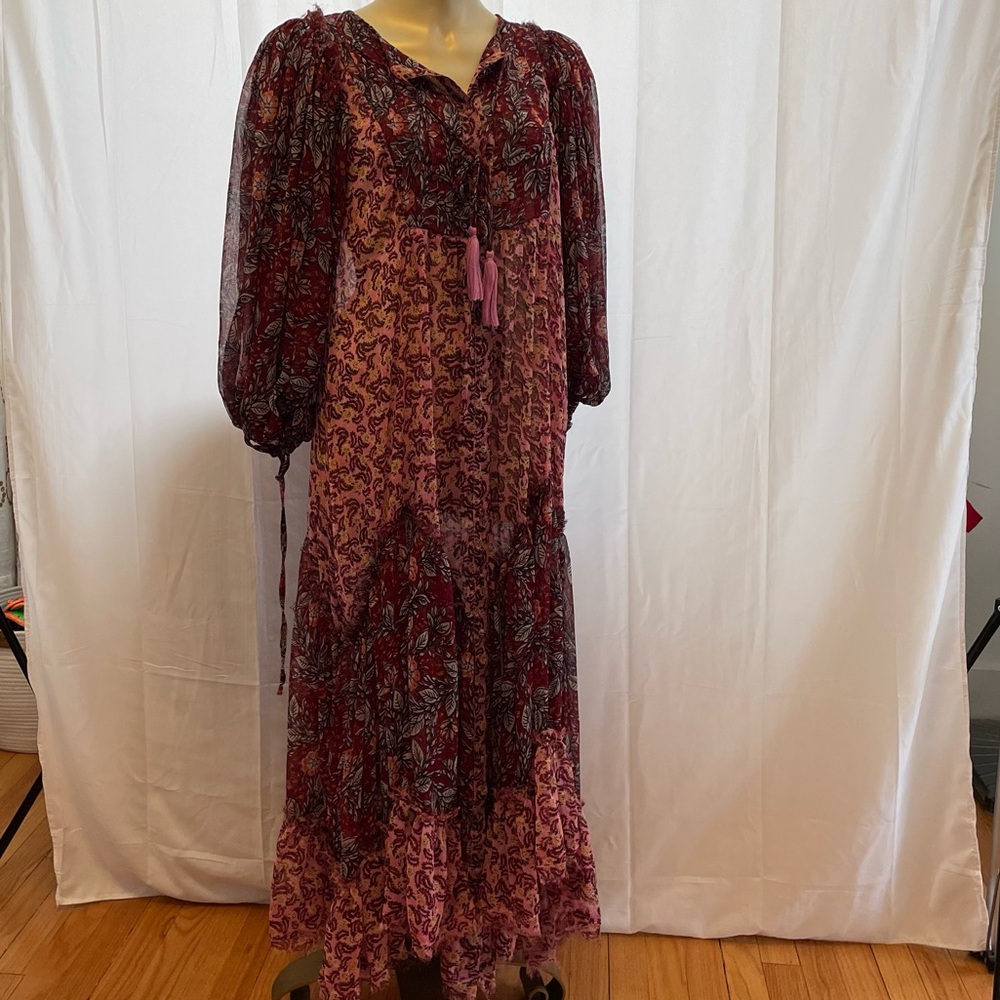 Free People Red and Pink Ruffled Tiered Gown